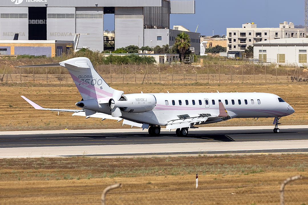 Kylie Jenner's Bombardier Global 7500 private plane on an airport runway.